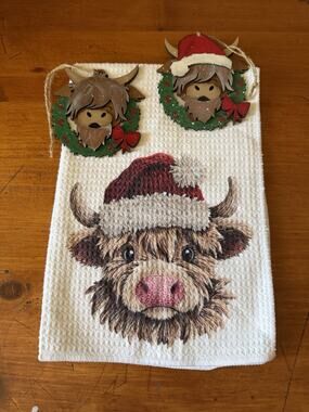 Highland Cow Christmas Kitchen Towel & Ornament Bundle Farmhouse Holiday Decor